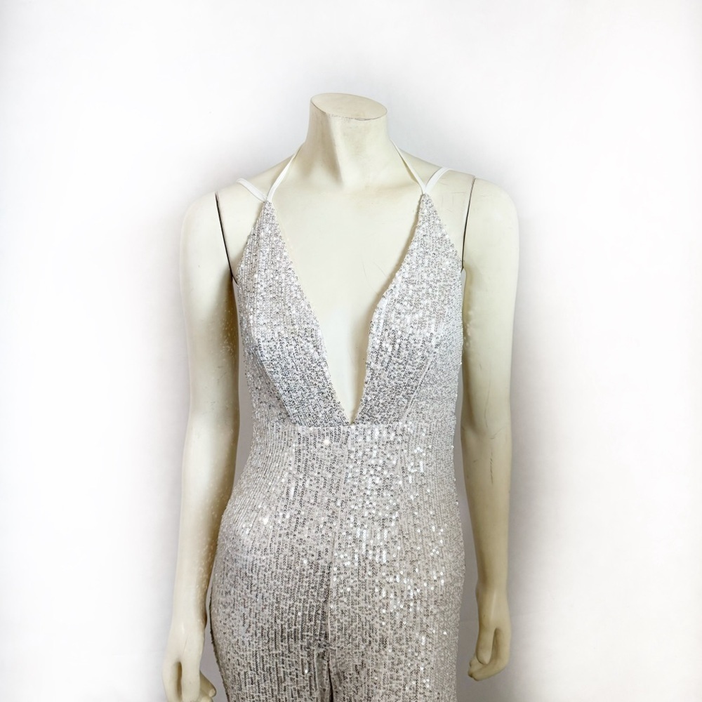 Fashion Nova Party Girl Silver Sequins Jumpsuit Size XS - Picture 5 of 8